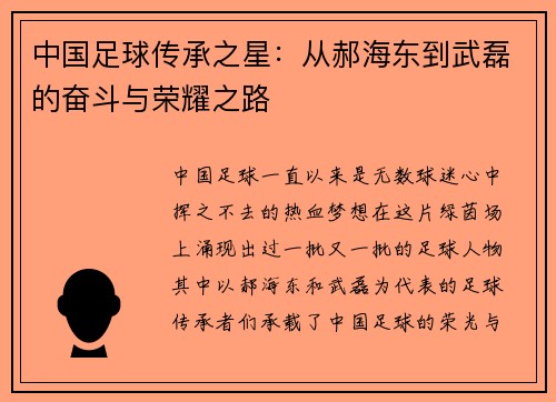 中国足球传承之星：从郝海东到武磊的奋斗与荣耀之路