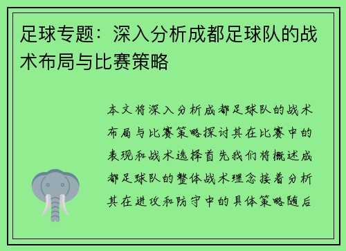 足球专题：深入分析成都足球队的战术布局与比赛策略